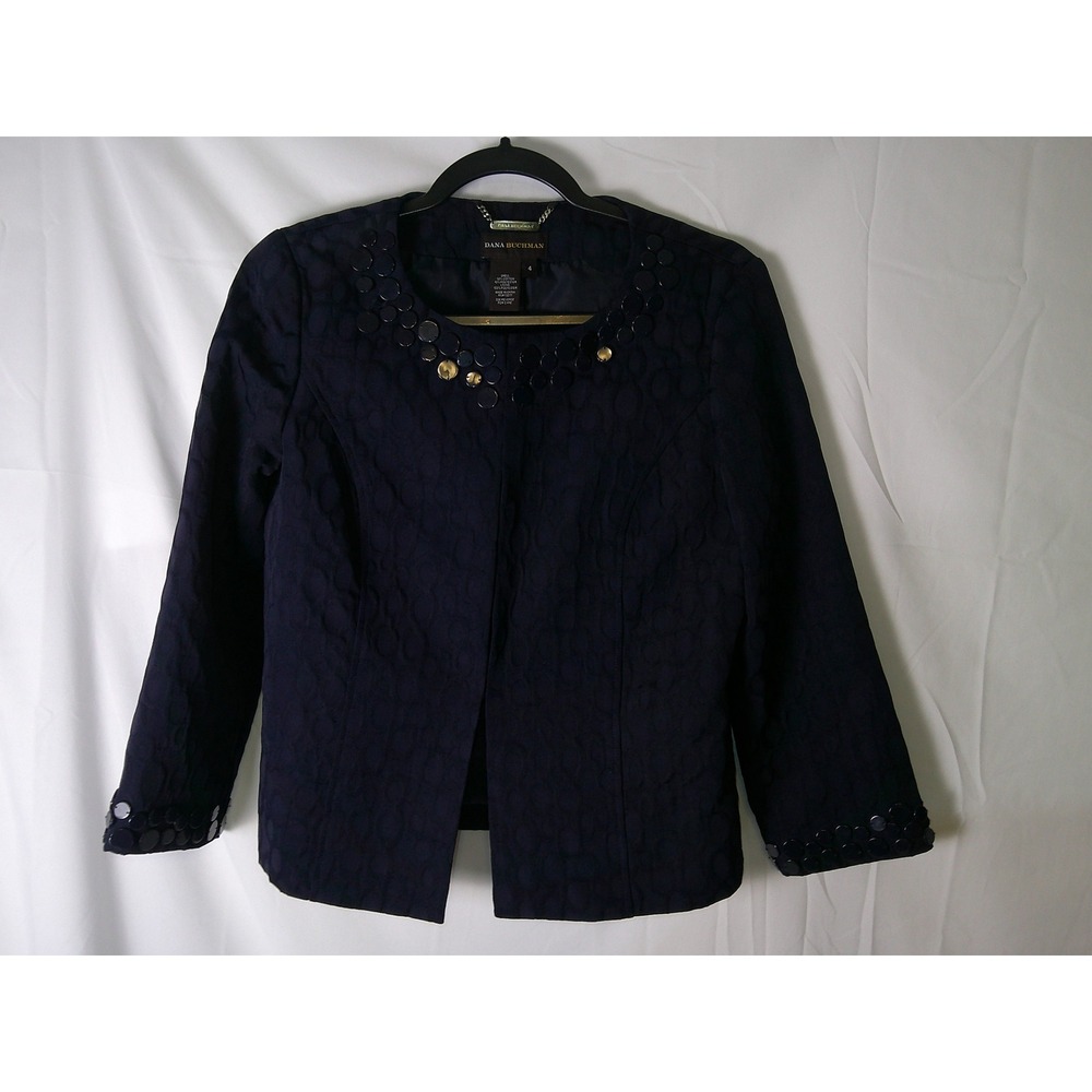 Dana Buchman Navy Blue Embellished Collarless Jacket Women Size 4